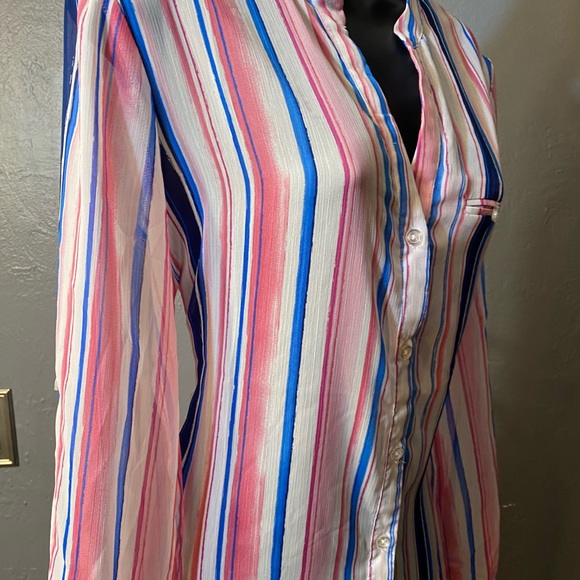 KUT From The Cloth Semi Sheer Jasmine Watercolor Striped Semi Sheer Blouse - Picture 9 of 16